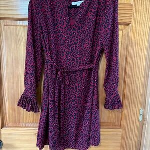 LOFT Burgundy Animal Print Long Sleeve Dress